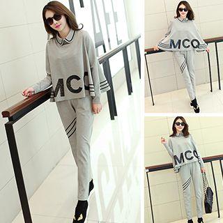 Set: Long-sleeve Zip-back Lettering Top + Contrast-stripe Pants