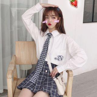 Tie Neck Shirt / Plaid Pleated Skirt