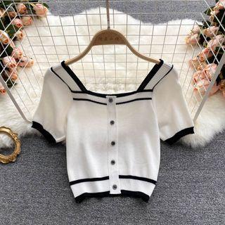 Square-neck Color Block Knit Short-sleeve Top