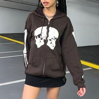 Skull Print Long-sleeve Hooded Light Jacket