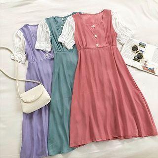 Color-block Square-neck Puff-sleeve Dress