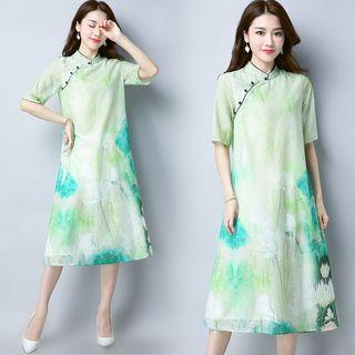 Printed Short-sleeve A-line Cheongsam