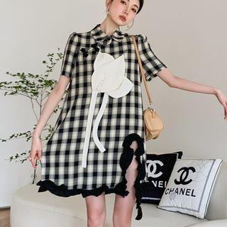 Short-sleeve Plaid Frill Trim Mini Shift Dress