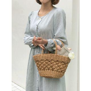 Button-front Gingham Long Flare Dress