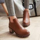Plain Faux-leather Block-heel Boots