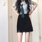 Short-sleeve Tie-neck Top / Mini Skirt