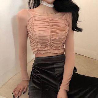Plain Cropped Top / Velvet High-waist Boot-cut Pants