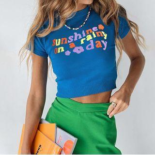 Short-sleeve Floral Print Crop Knit Top