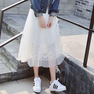 Tulle Overlay Lace Midi Skirt