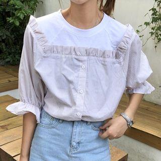 Elbow-sleeve Striped Mock Two-piece Blouse
