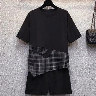 Set: Short-sleeve Plaid Panel T-shirt + Shorts