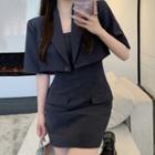 Elbow-sleeve One-button Cropped Blazer / Spaghetti Strap Mini Sheath Dress