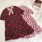 Heart Print Lace-up Ruffled-trim Chiffon Dress