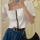 Front-zip Puff-sleeve Cropped Denim Blouse
