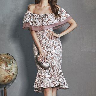 Off Shoulder Lace Midi Sheath Dress
