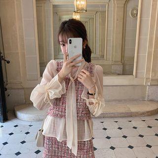 Set: Bell-sleeve Blouse + Tweed Vest + Mini Tweed Skirt