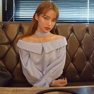 Striped Off Shoulder Blouse With Choker