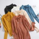 Long-sleeve Frill-trim Tie-neck Knit Top