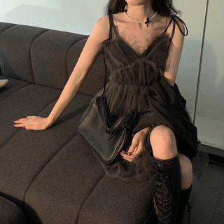 Spaghetti Strap Mesh Panel A-line Dress Black - One Size