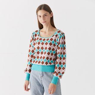 Square Neck Color-block Plaid Sweater Blue - One Size