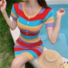 Short-sleeve Color-block Slim-fit Dress Yellow & Red & Blue & Purple - One Size