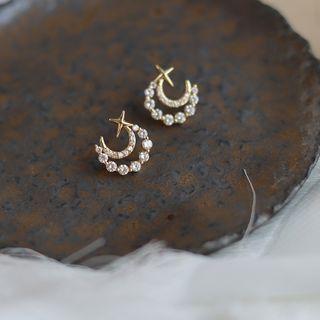 Rhinestone Moon & Star Earrings 1 Pair - Classic Earrings - S925 Silver - One Size