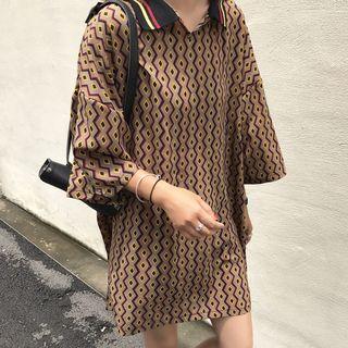 3/4-sleeve Patterned Mini Dress Khaki - One Size