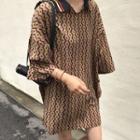 3/4-sleeve Patterned Mini Dress Khaki - One Size