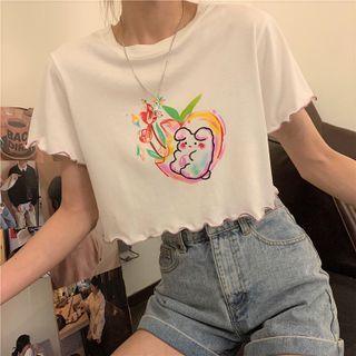 Short-sleeve Cartoon Print Frill Trim Crop Top