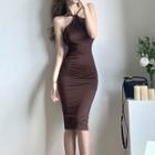 Spaghetti-strap Halter Plain Bodycon Dress