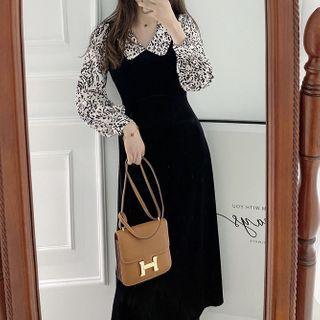 Print Panel Mock Two Piece Velvet Shift Dress