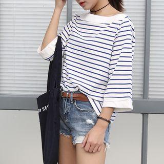 Off-shoulder 3/4-sleeve Loose-fit Striped Top