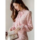 Tie-neck Flower-pattern Chiffon Blouse Light Pink - One Size