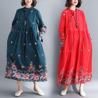 Long-sleeve Flower Embroidered Midi Shift Dress