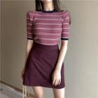 Set : Stripe Short-sleeve Top + Ribbed Mini Skirt