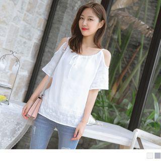 Tie-neck Cold-shoulder Embroidered Short-sleeve Top