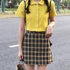 Plain Cropped Blouse / Plaid Skirt