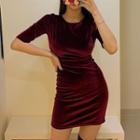 Velvet Elbow-sleeve Sheath Dress Wine Red - One Size