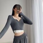 V-neck Mock Two Piece Two Tone Cropped Top