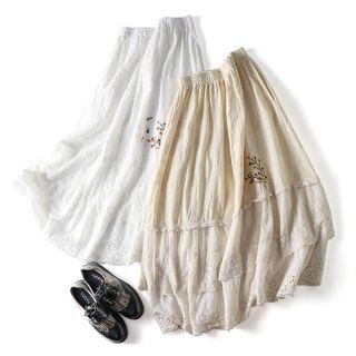 Embroidered High-waist Lace-trim A-line Skirt
