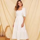 Elbow Sleeve Square Neck Tiered Dress