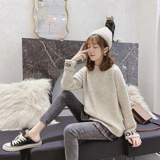 Lettering Mock Two-piece Sweater Light Khaki - One Size