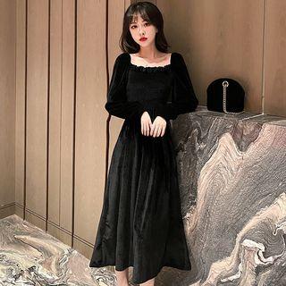 Velvet Balloon-sleeve Smocked Midi A-line Dress