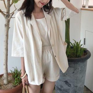 Set: 3/4-sleeve Blazer + Spaghetti Strap Top + Shorts Set Of 3 - One Size