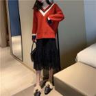 Color-block V-neck Loose-fit Sweater / Lace Skirt