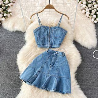 Set: Zip Front Denim Crop Camisole + Mini Skirt