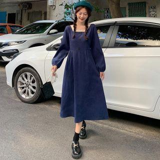 Long-sleeve Square-neck Corduroy Midi A-line Dress