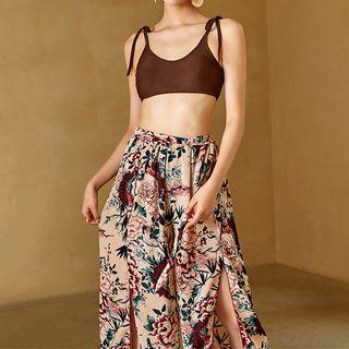 Plain Bikini Top / Bottom / Print Wide Leg Pants / Set