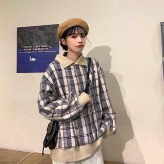 Polo-neck Plaid Sweater
