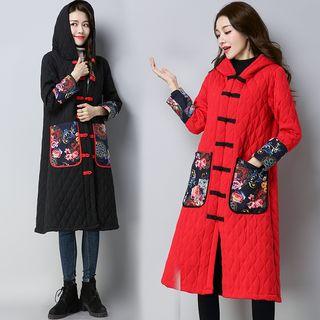 Floral Print Panel Long Padded Coat